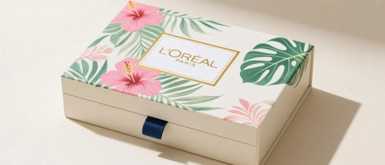 High-quality custom printed paper box prototype for luxury cosmetics like L'Oréal, showcasing vibrant colors and elegant finish.